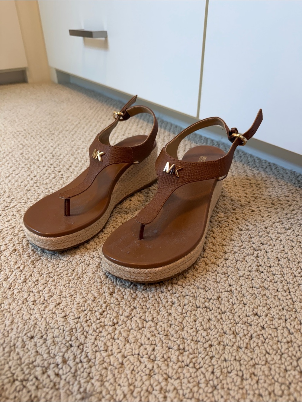 Michael Kors Brown Leather Espadrille Wedge Sandals with Gold MK Accent